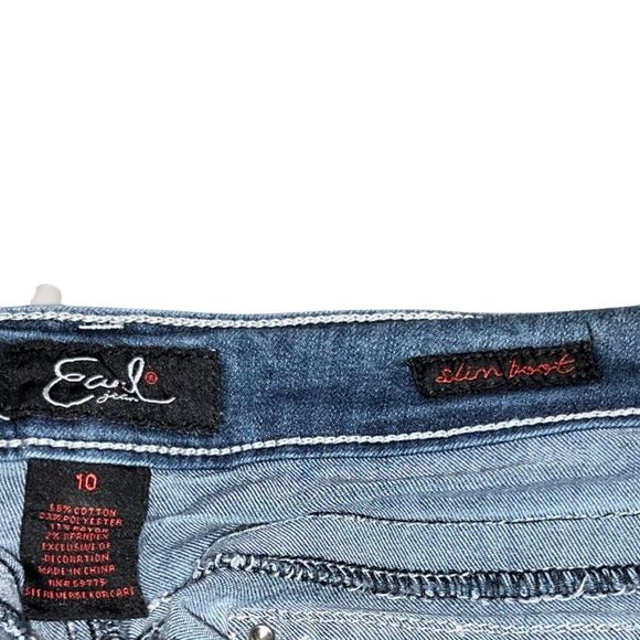 Earl Slim Bootcut Stretch Dark Wash Pocket Flap Embroidered Bedazzled Jeans 10 - Picture 4 of 5